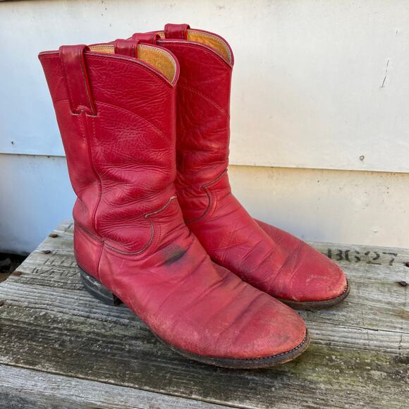 Vintage 80s Justin Boots Red Roper Pull On Boots Mens 7D/Womens 9 - Picture 1 of 10